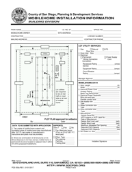 Document preview: Form PDS055A Mobilehome Installation Information - County of San Diego, California