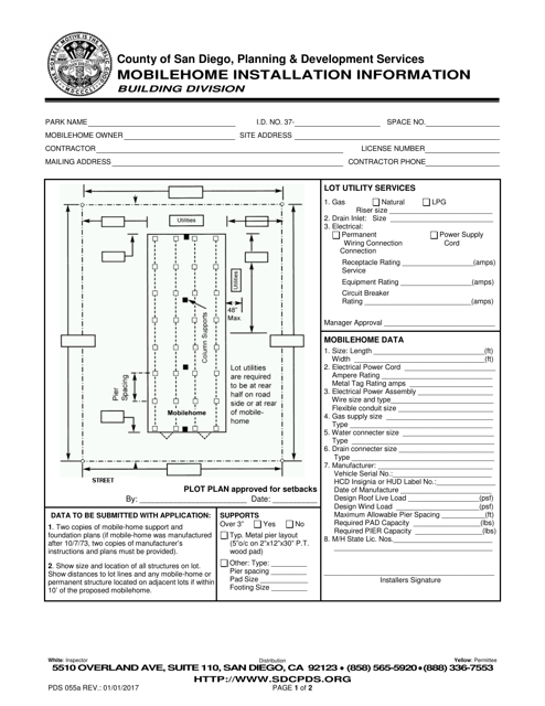 Form PDS055A Mobilehome Installation Information - County of San Diego, California