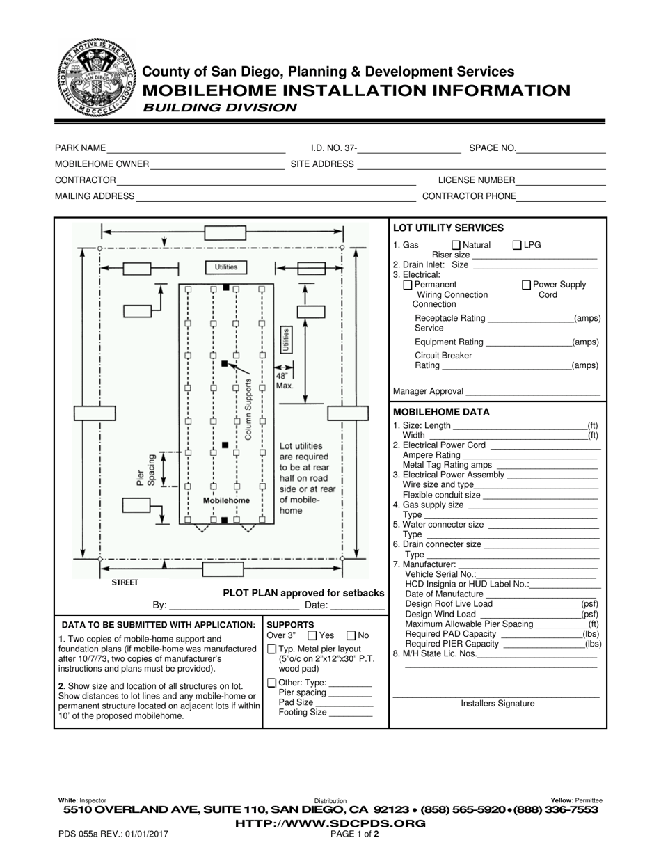 Form PDS055A Mobilehome Installation Information - County of San Diego, California, Page 1