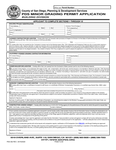 Form PDS352 Pds Minor Grading Permit Application - County of San Diego, California
