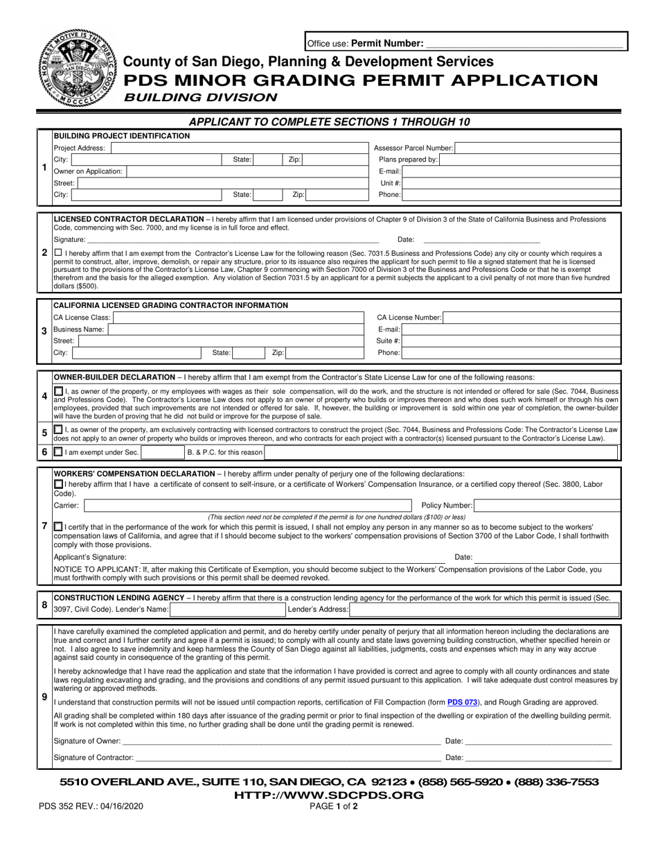 Form PDS352 Pds Minor Grading Permit Application - County of San Diego, California, Page 1