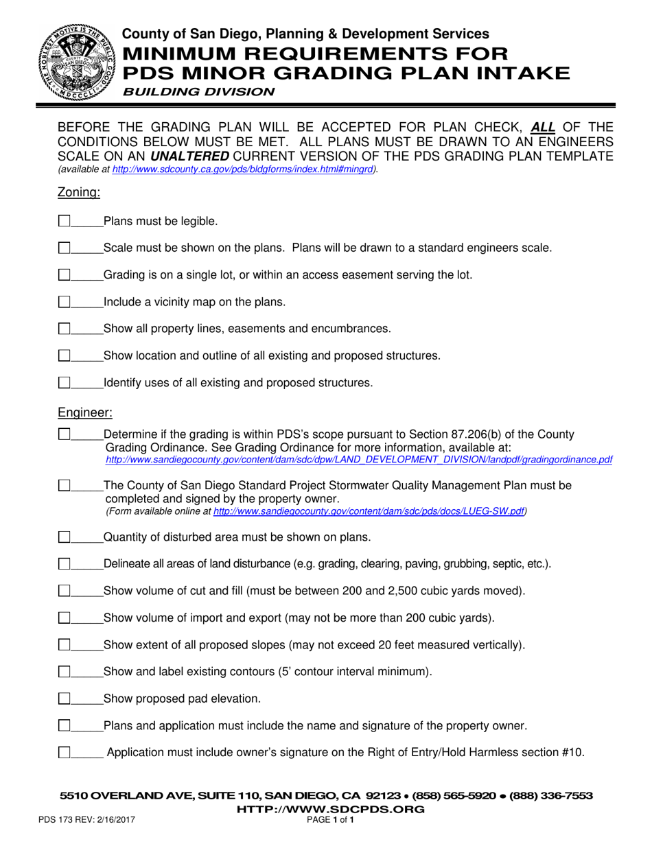 Form PDS173 Minimum Requirements for Pds Minor Grading Plan Intake - County of San Diego, California, Page 1