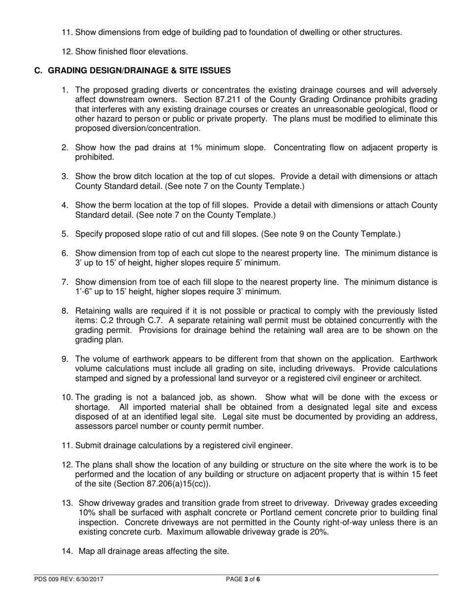 Form PDS009 Grading Plan Checklist - County of San Diego, California, Page 3