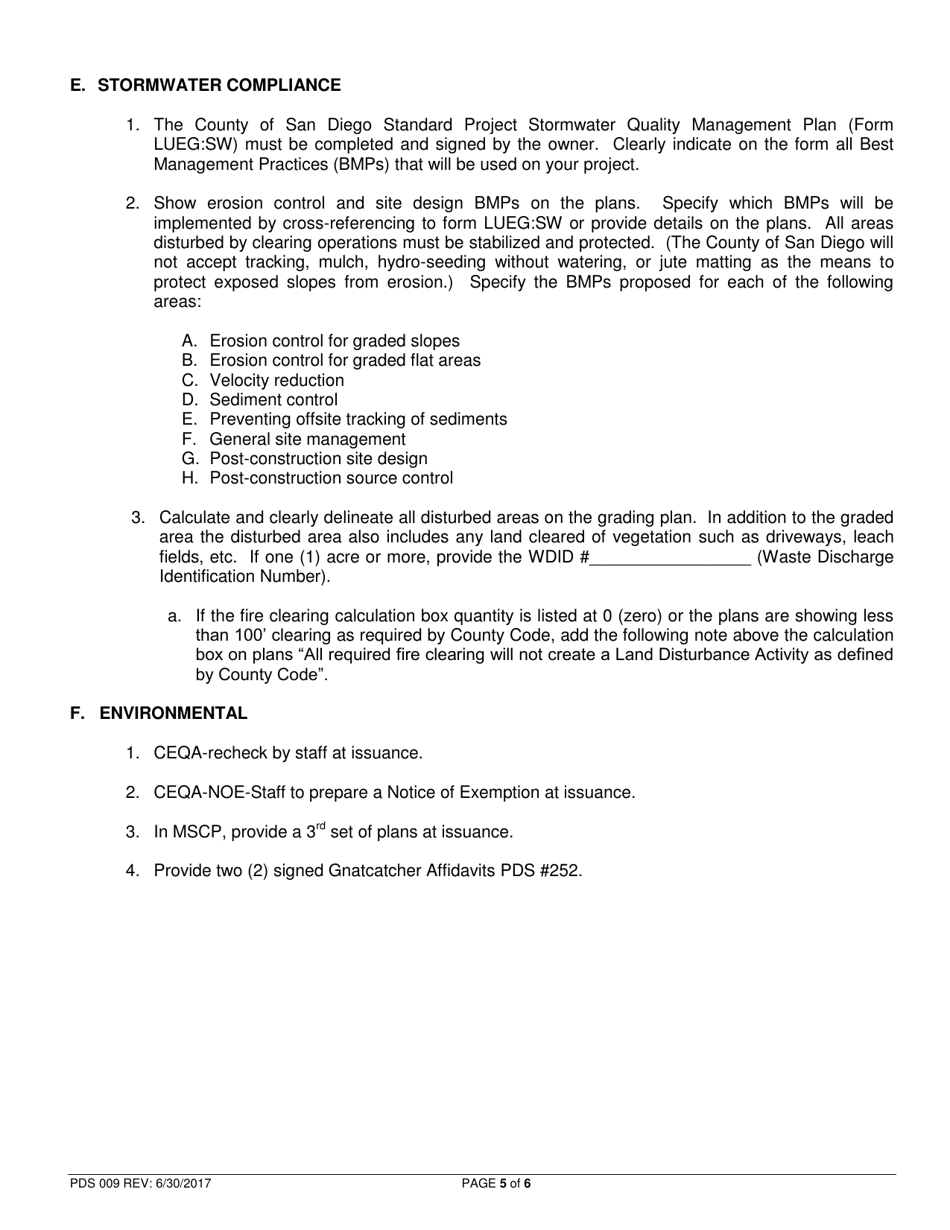 Form PDS009 Grading Plan Checklist - County of San Diego, California, Page 5