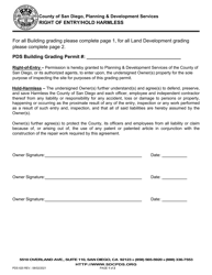 Form PDS620 Right of Entry/Hold Harmless - County of San Diego, California