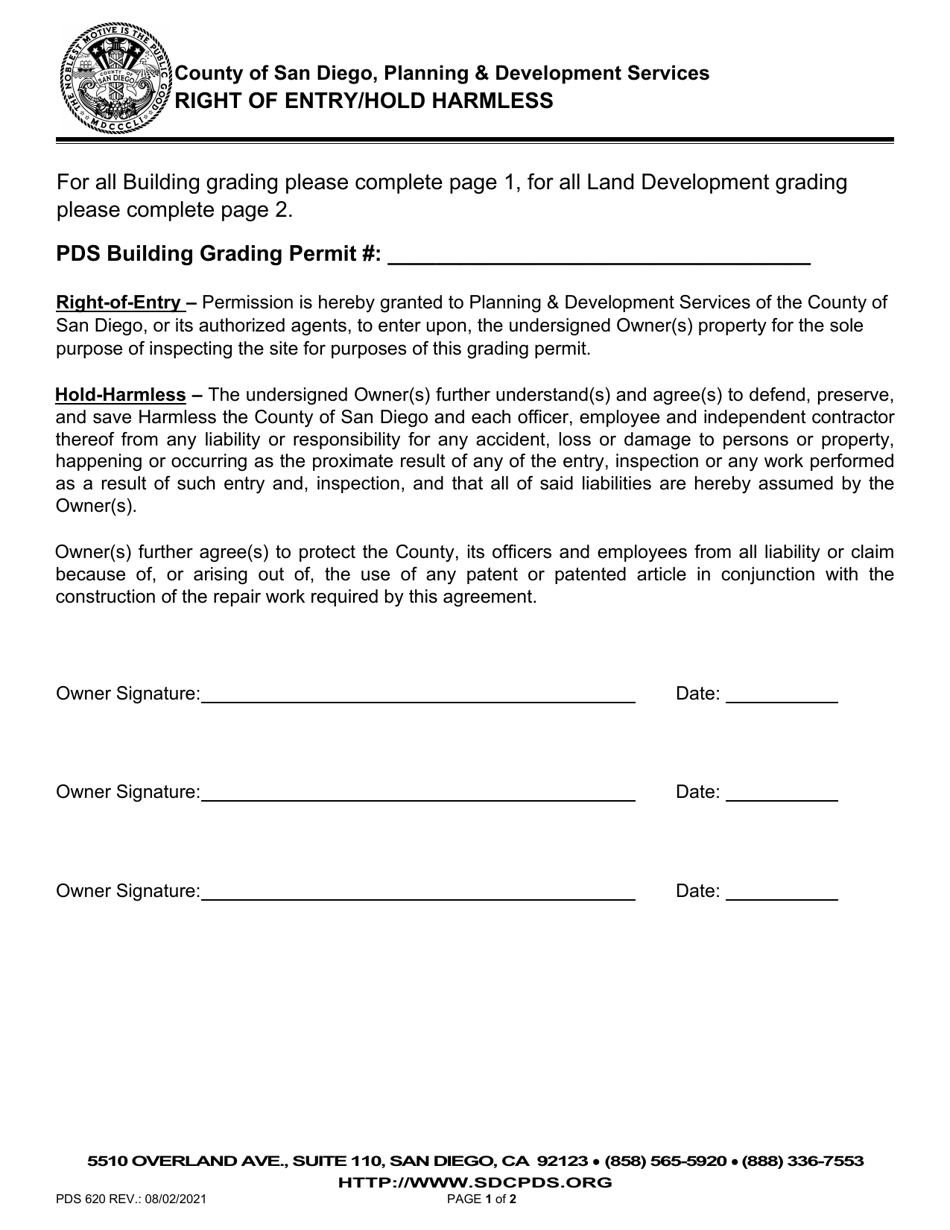Form PDS620 Right of Entry / Hold Harmless - County of San Diego, California, Page 1