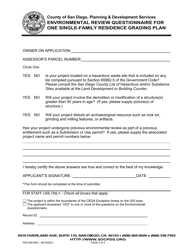Document preview: Form PDS646 Environmental Review Questionnaire for One Single-Family Residence Grading Plan - County of San Diego, California