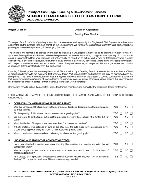 Form PDS073 Minor Grading Certification Form - County of San Diego, California