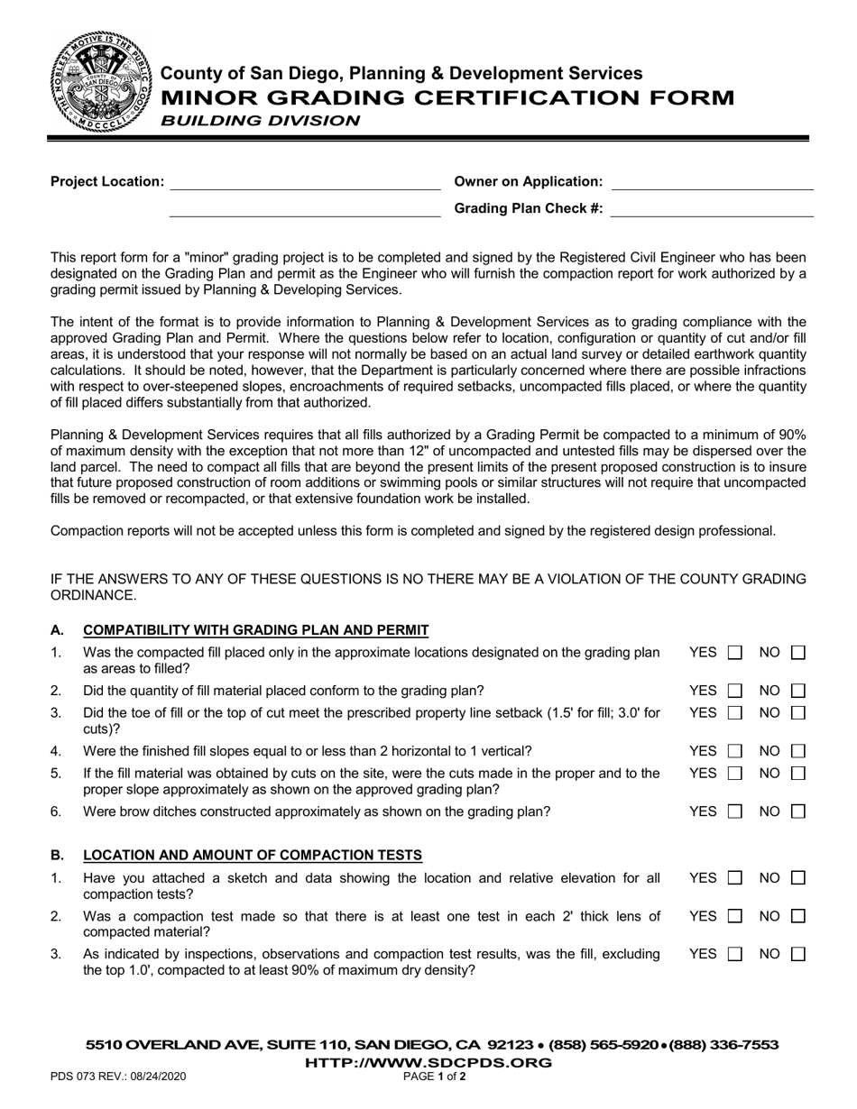 Form PDS073 Minor Grading Certification Form - County of San Diego, California, Page 1