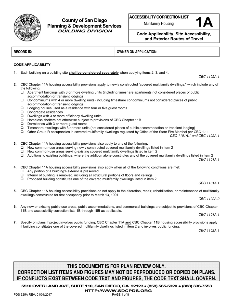 Form PDS625A Accessibility Correction List for Multifamily Housing - Code Applicability, Site Accessibility, and Exterior Routes of Travel - County of San Diego, California, Page 1