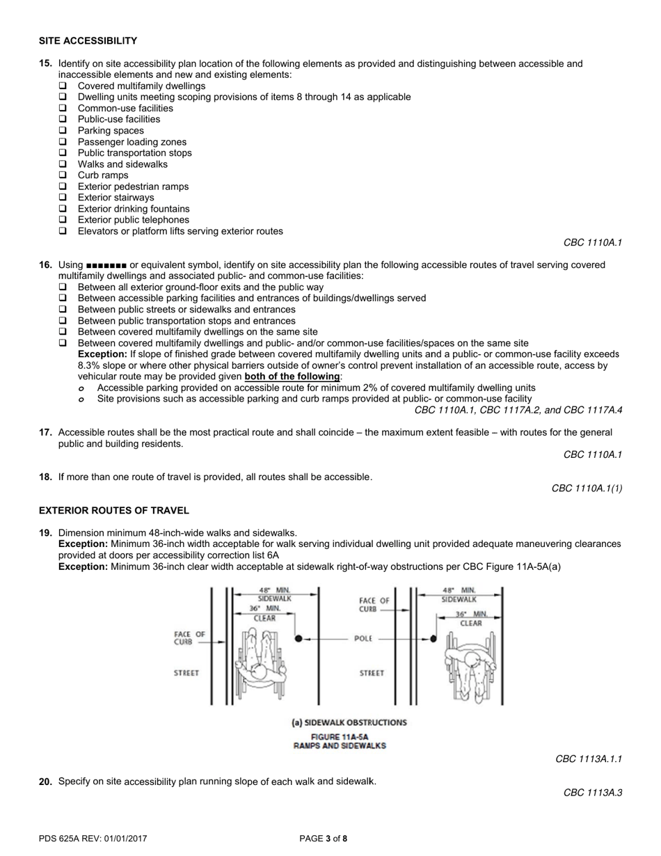 Form PDS625A Accessibility Correction List for Multifamily Housing - Code Applicability, Site Accessibility, and Exterior Routes of Travel - County of San Diego, California, Page 3