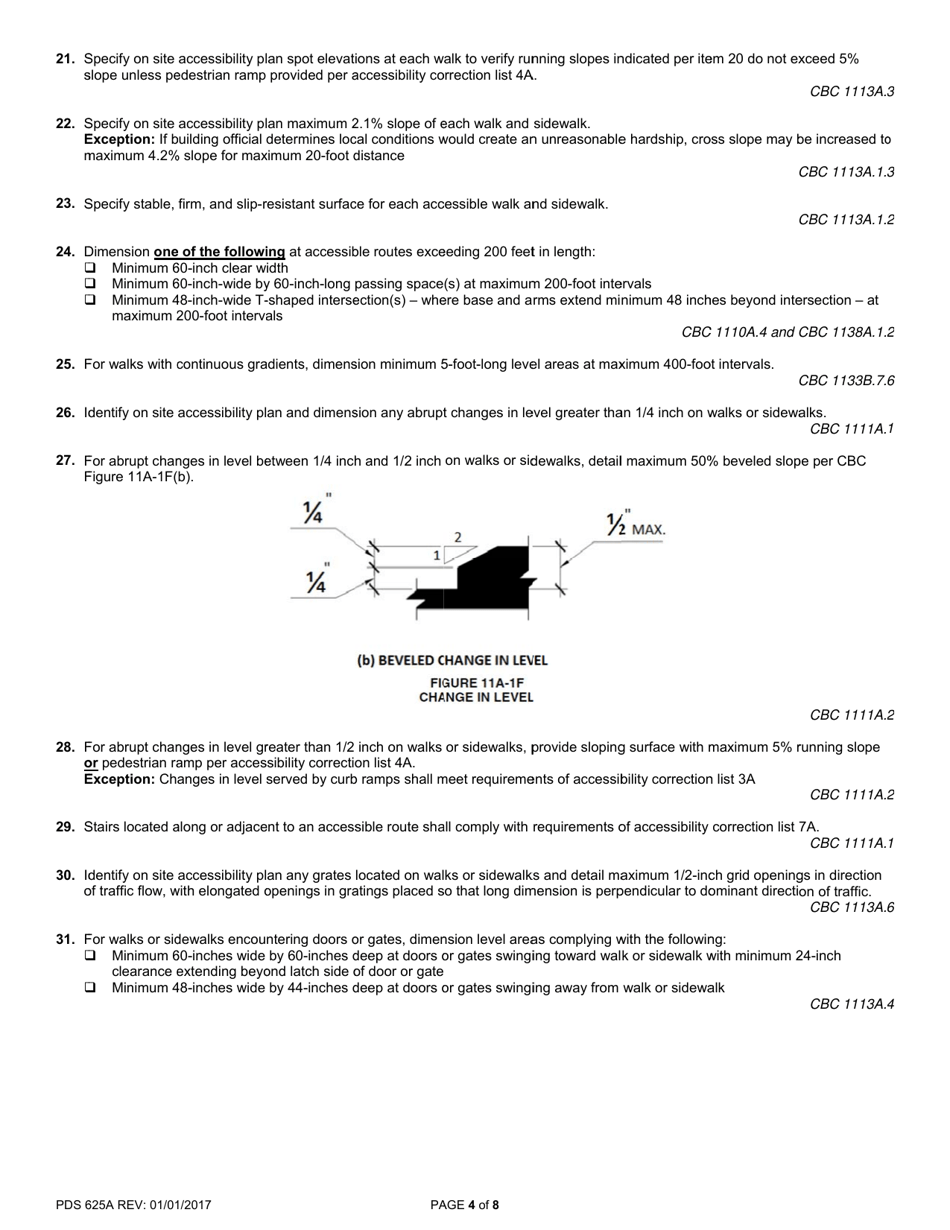 Form PDS625A Accessibility Correction List for Multifamily Housing - Code Applicability, Site Accessibility, and Exterior Routes of Travel - County of San Diego, California, Page 4