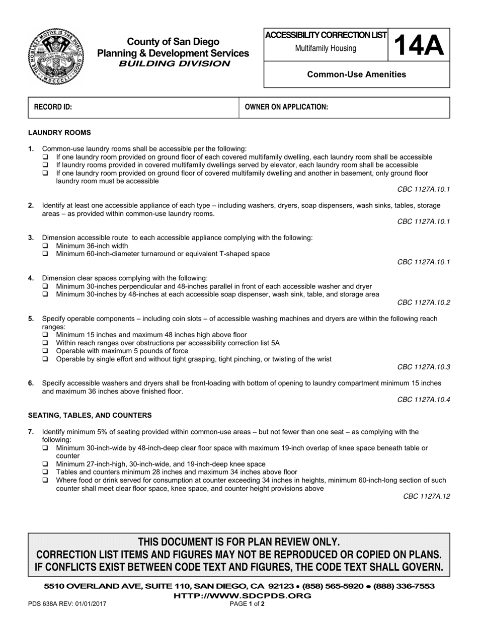 Form PDS638A Accessibility Correction List for Multifamily Housing - Common-Use Amenities - County of San Diego, California, Page 1