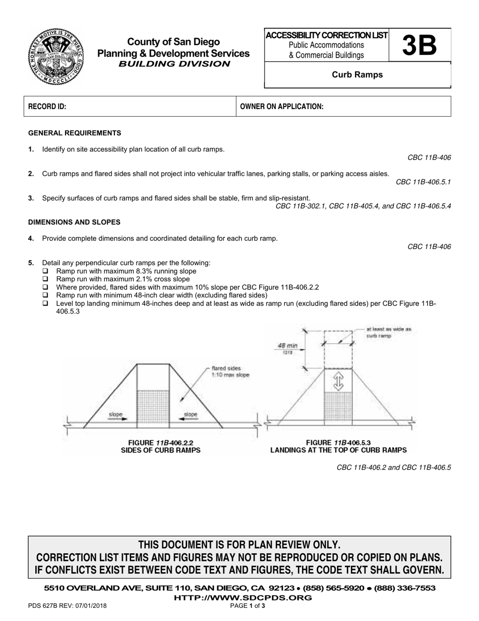 Form PDS627B Accessibility Correction List for Public Accommodations  Commercial Buildings - Curb Ramps - County of San Diego, California, Page 1