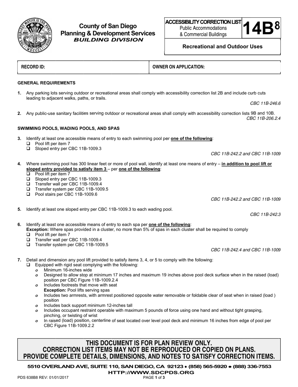 Form PDS638B8 Accessibility Correction List for Public Accommodations  Commercial Buildings - Recreational and Outdoor Uses - San Diego County, California, Page 1