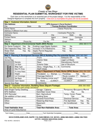 Document preview: Form PDS186 Residential Plan Submittal Worksheet for Fire Victims - County of San Diego, California