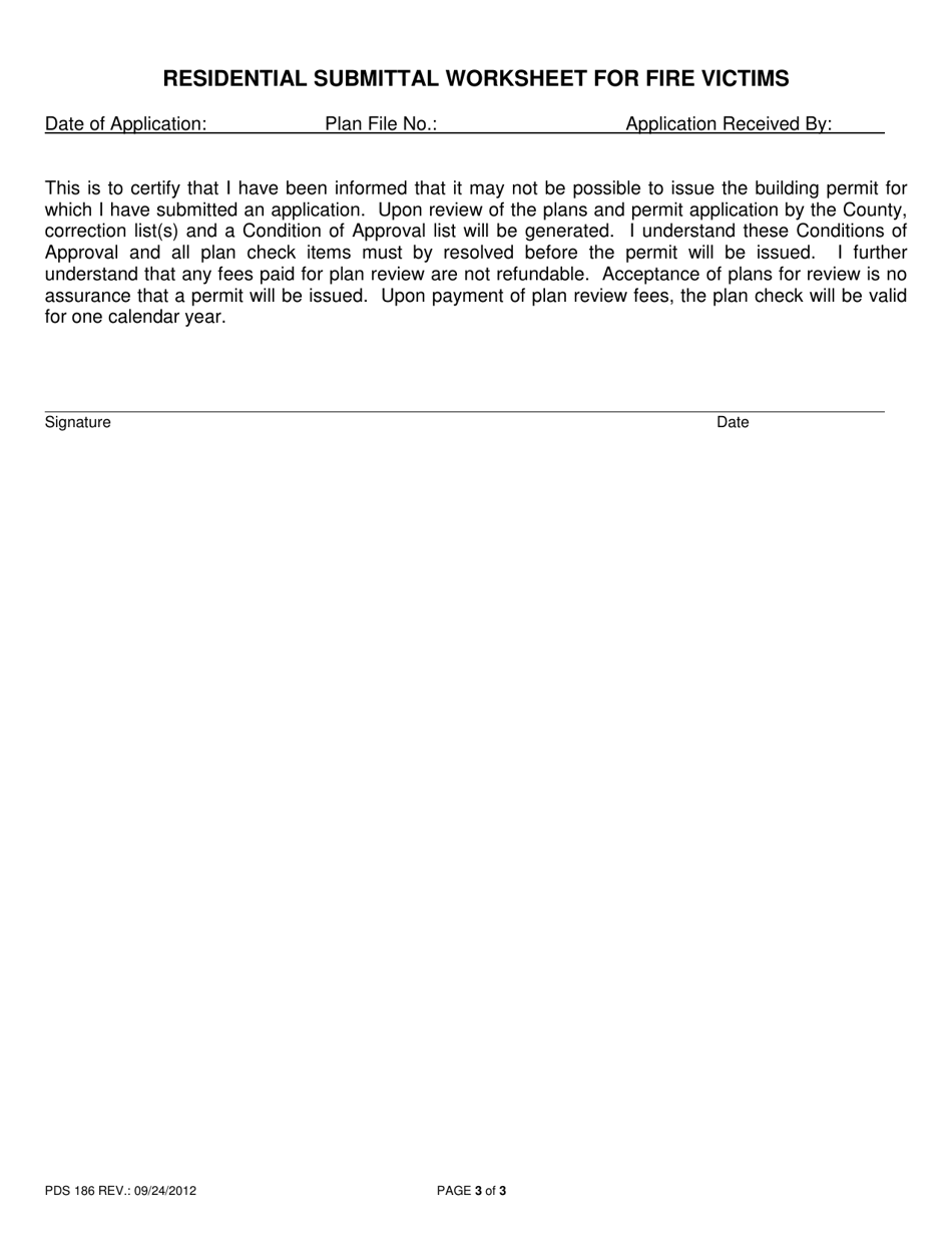 Form PDS186 Residential Plan Submittal Worksheet for Fire Victims - County of San Diego, California, Page 3