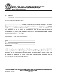 Document preview: Form PDS002A Steel Building Certification - County of San Diego, California