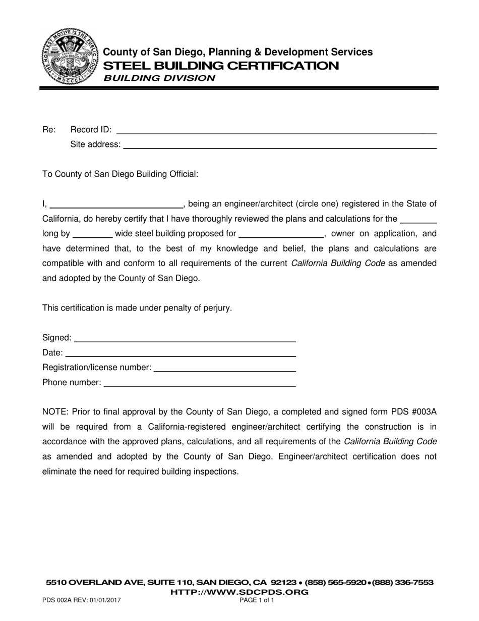 Form PDS002A Steel Building Certification - County of San Diego, California, Page 1