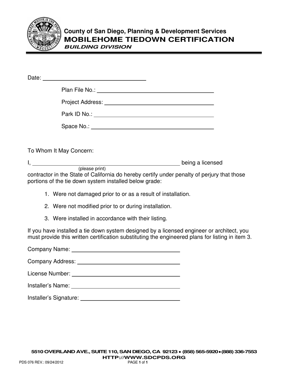 Form PDS076 Mobilehome Tiedown Certification - County of San Diego, California, Page 1