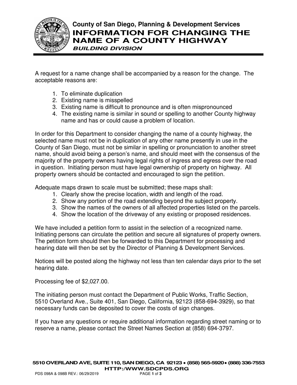 Form PDS098A (PDS098B) Addresses Subject to Change - County of San Diego, California, Page 1