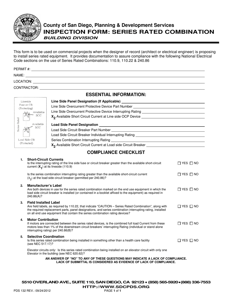 Form PDS132 Inspection Form: Series Rated Combination - County of San Diego, California, Page 1