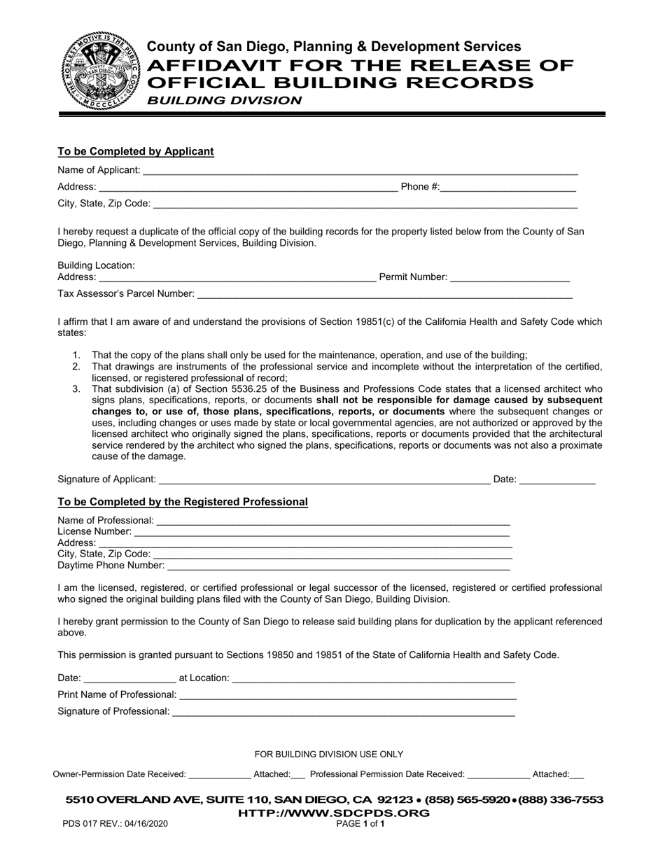Form PDS017 Affidavit for the Release of Official Building Records - County of San Diego, California, Page 1