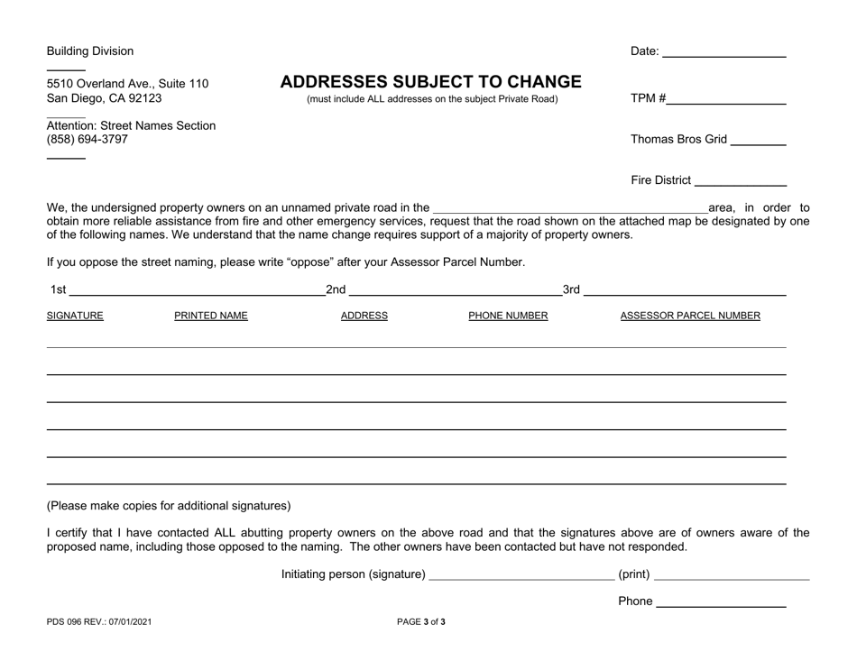 Form PDS096 Information for Naming / Renaming Private Roads - County of San Diego, California, Page 3
