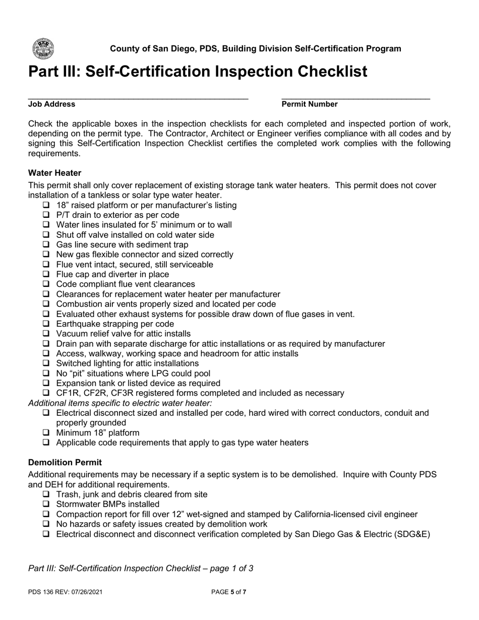 Form PDS136 Building Self-certification Program - County of San Diego, California, Page 5