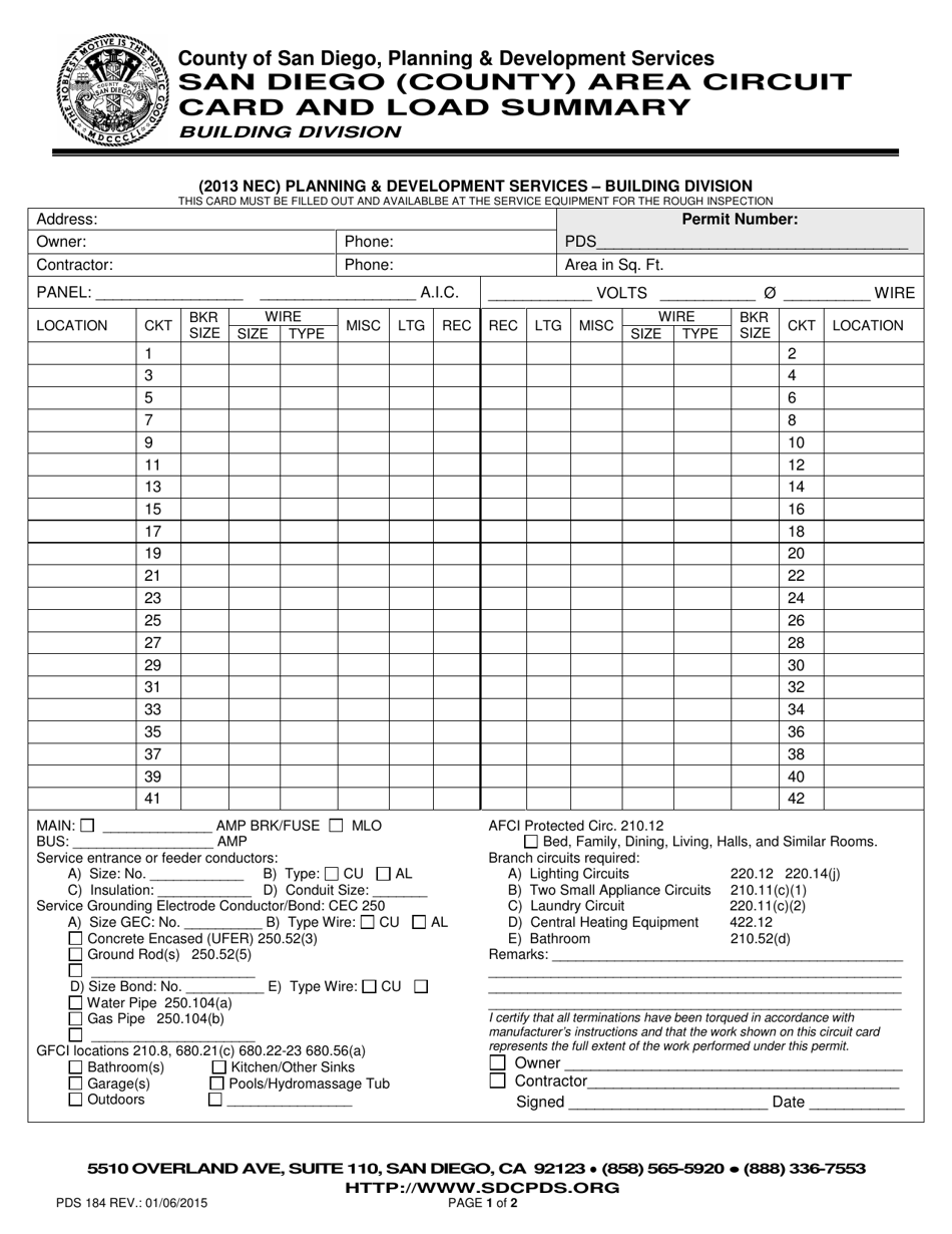 Form PDS184 San Diego (County) Area Circuit Card and Load Summary - County of San Diego, California, Page 1