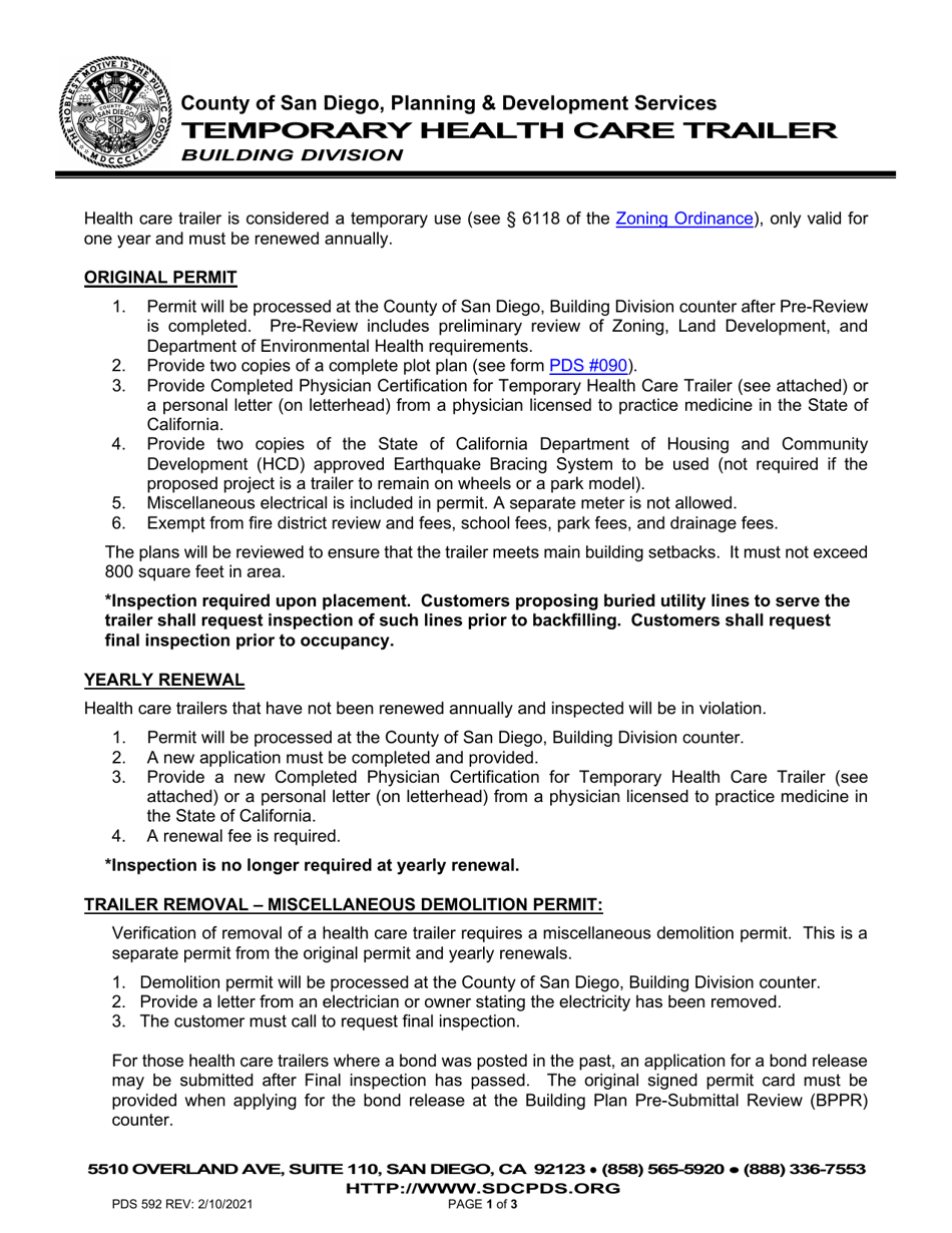 Form PDS592 Physician Certification for Temporary Health Care Trailer - County of San Diego, California, Page 1