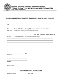 Form PDS592 Physician Certification for Temporary Health Care Trailer - County of San Diego, California, Page 3