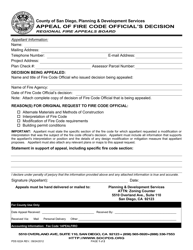 Form PDS622A Appeal of Fire Code Official&#039;s Decision - County of San Diego, California