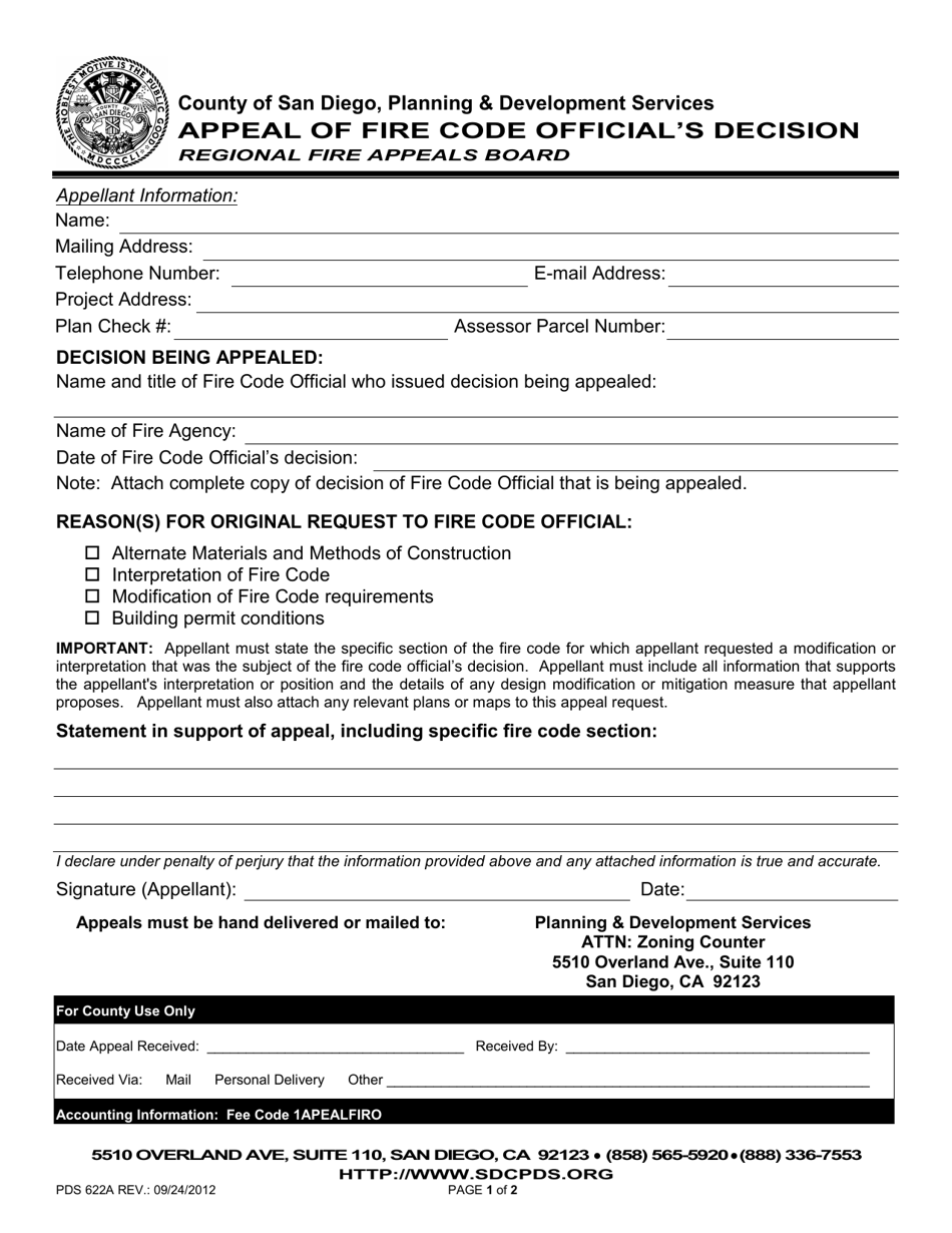 Form PDS622A Appeal of Fire Code Officials Decision - County of San Diego, California, Page 1