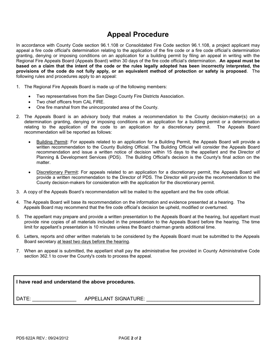 Form PDS622A Appeal of Fire Code Officials Decision - County of San Diego, California, Page 2