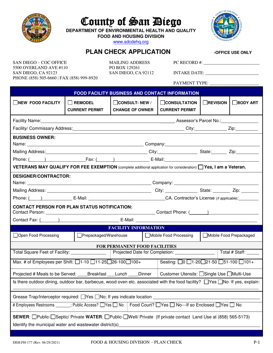 Form DEH:FH-177 Plan Check Application - County of San Diego, California, Page 1