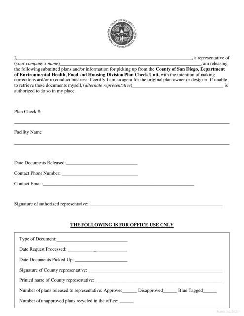 Release Form for Plans - County of San Diego, California Download Pdf