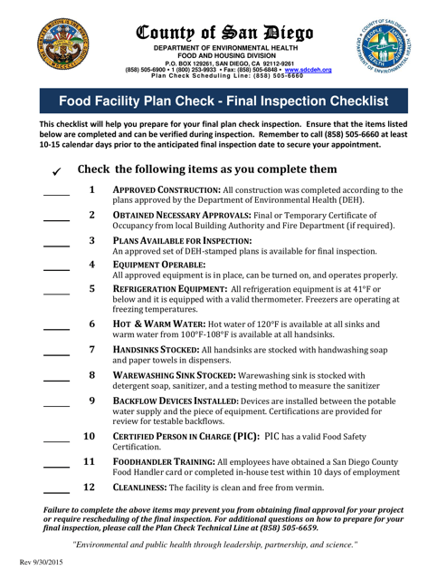 Food Facility Plan Check - Final Inspection Checklist - County of San Diego, California Download Pdf