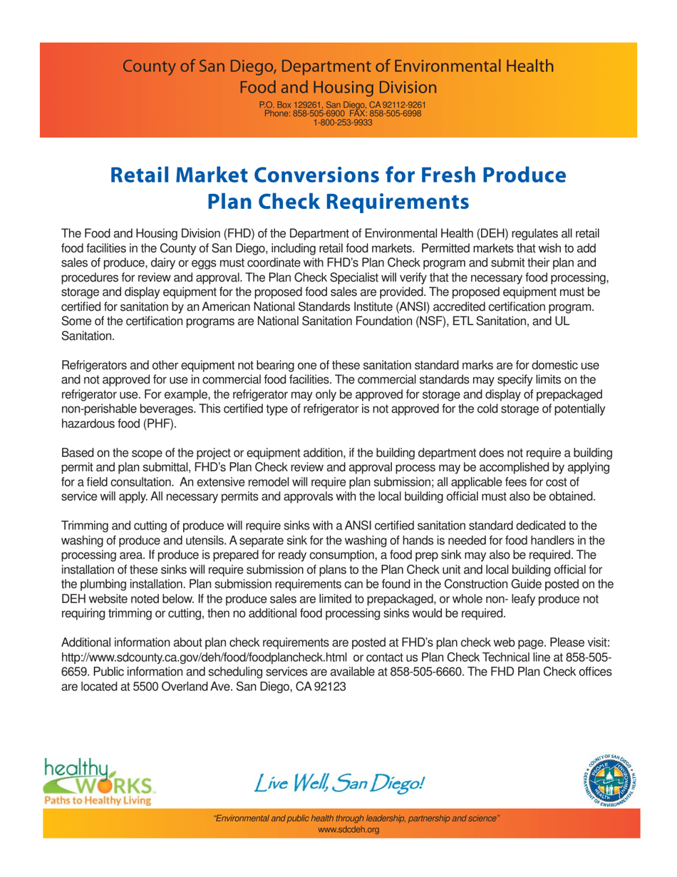 Plan Check Inspection Checklist - Retail Market Conversions for Fresh Produce - County of San Diego, California, Page 1