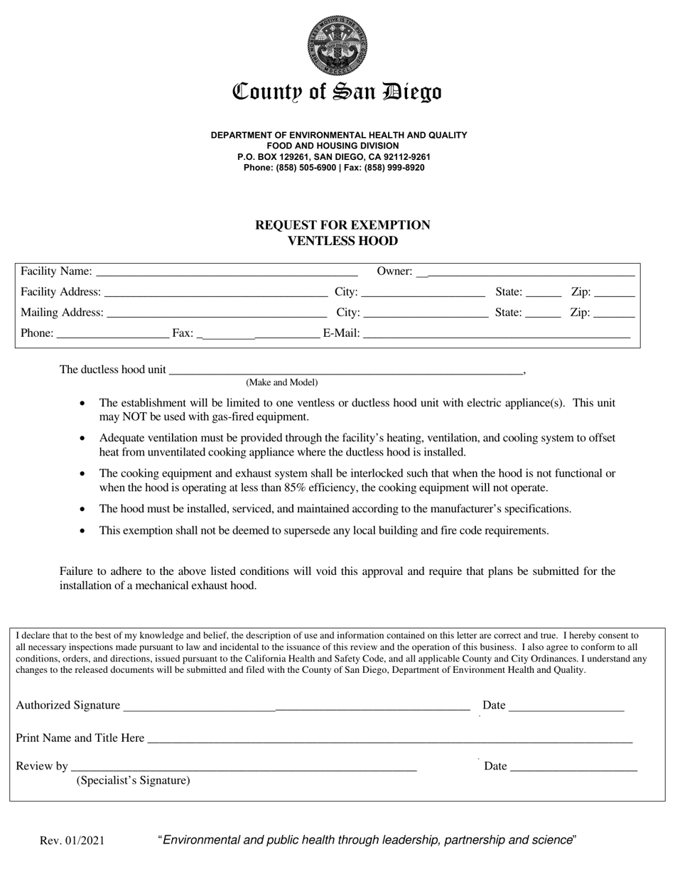 Request for Exemption - Ventless Hood - County of San Diego, California, Page 1