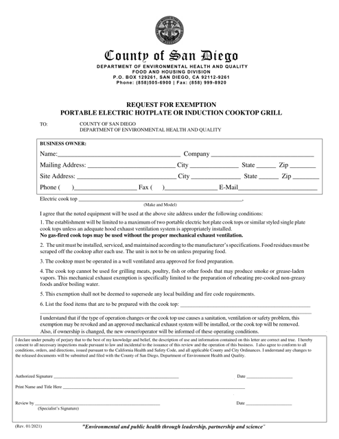 Request for Exemption - Portable Electric Hotplate or Induction Cooktop Grill - County of San Diego, California