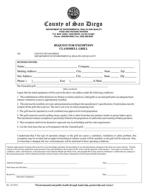 Request for Exemption - Clamshell Grill - County of San Diego, California Download Pdf