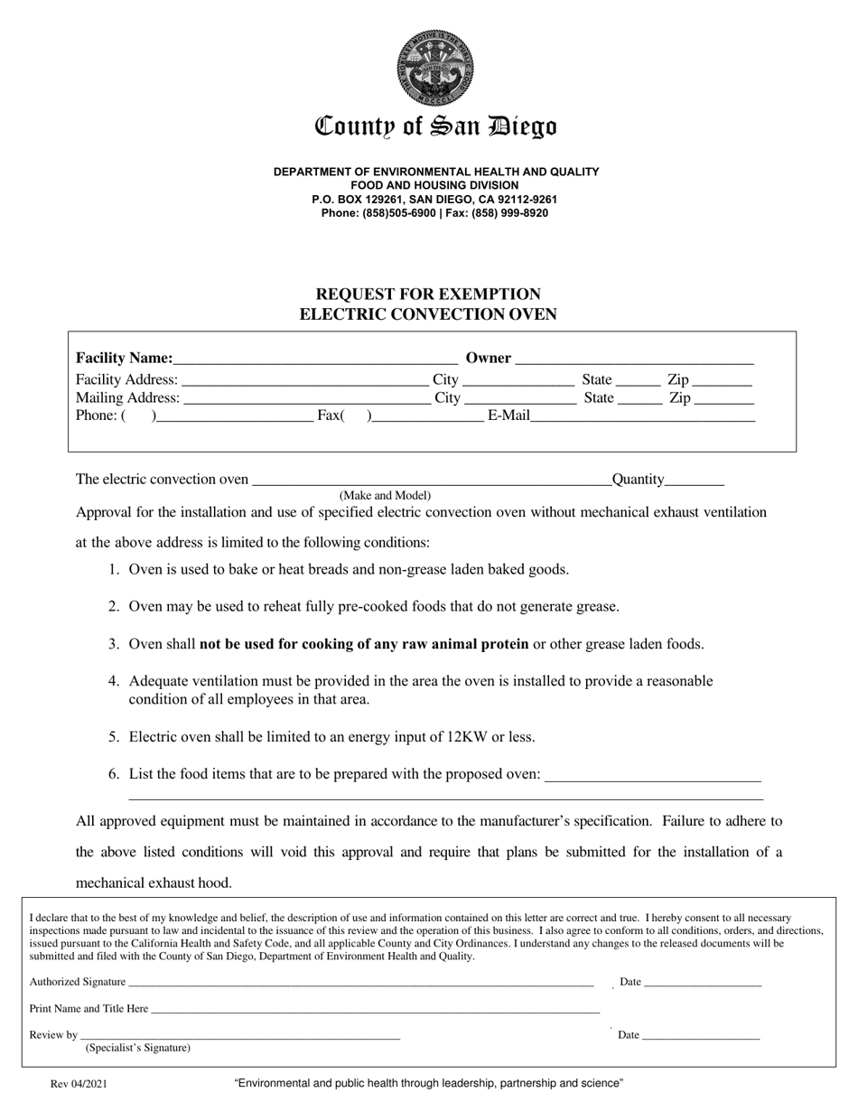 Request for Exemption - Electric Convection Oven - County of San Diego, California, Page 1