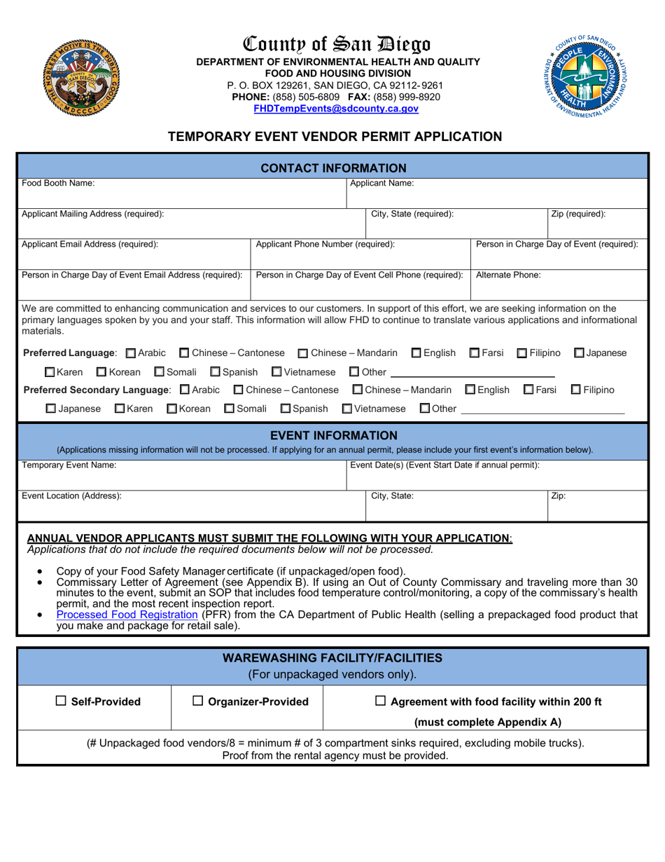 Temporary Food Facility Vendor Permit Application - County of San Diego, California, Page 3