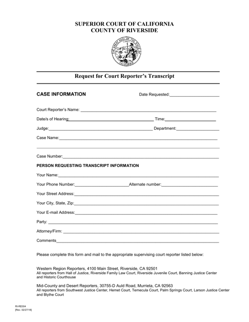 Form RI-RE004 Request for Court Reporter's Transcript - County of Riverside, California
