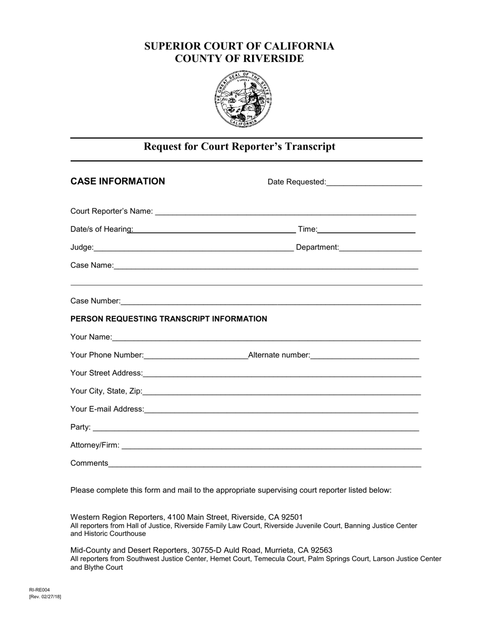 Form RI-RE004 Request for Court Reporters Transcript - County of Riverside, California, Page 1