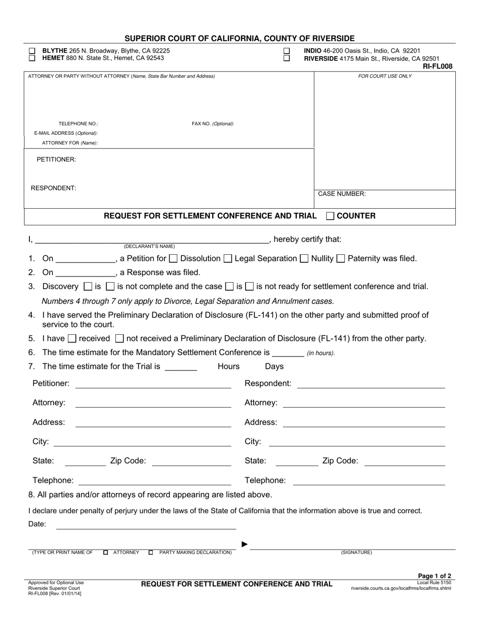 Form RI-FL008 Request for Settlement Conference and Trial - County of Riverside, California, Page 1