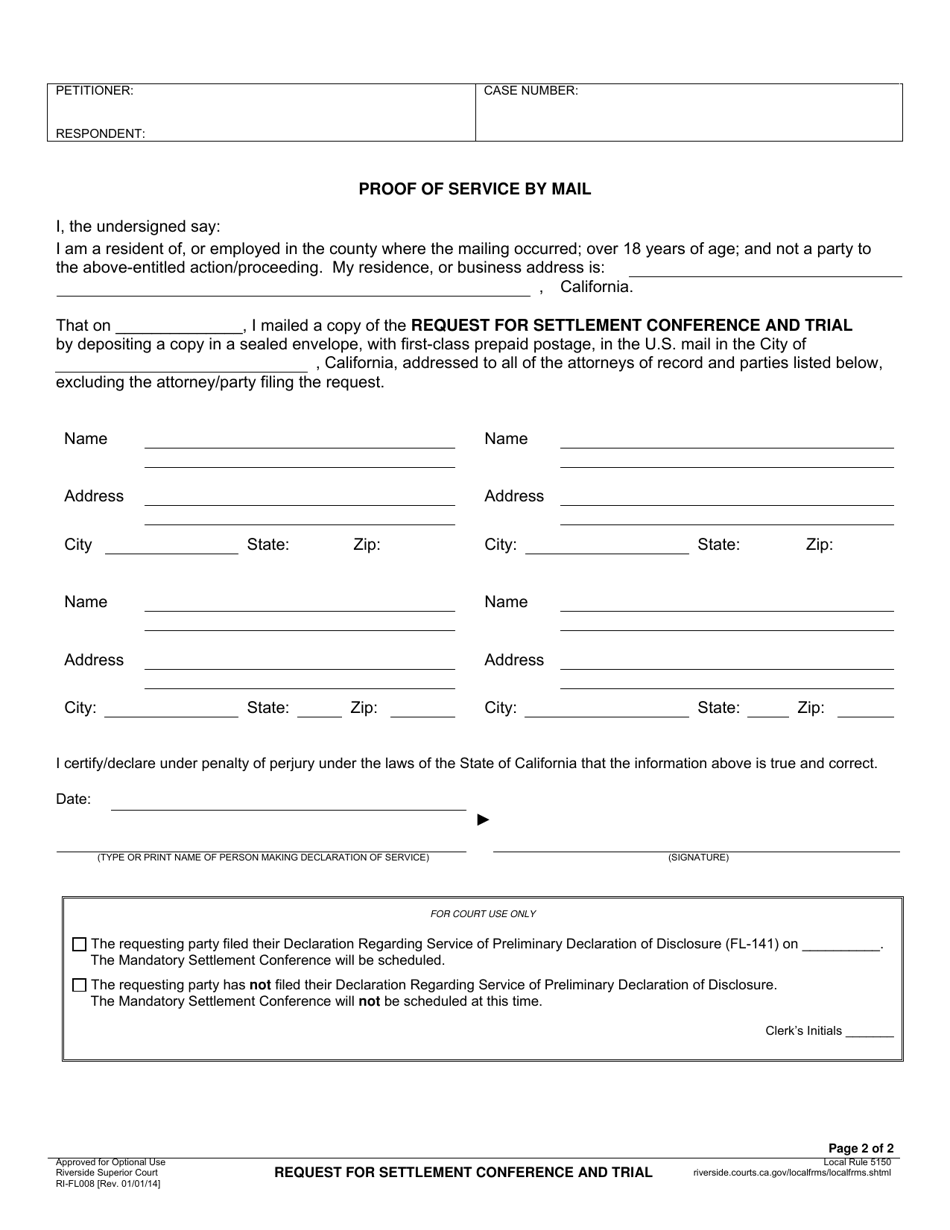 Form RI-FL008 Request for Settlement Conference and Trial - County of Riverside, California, Page 2