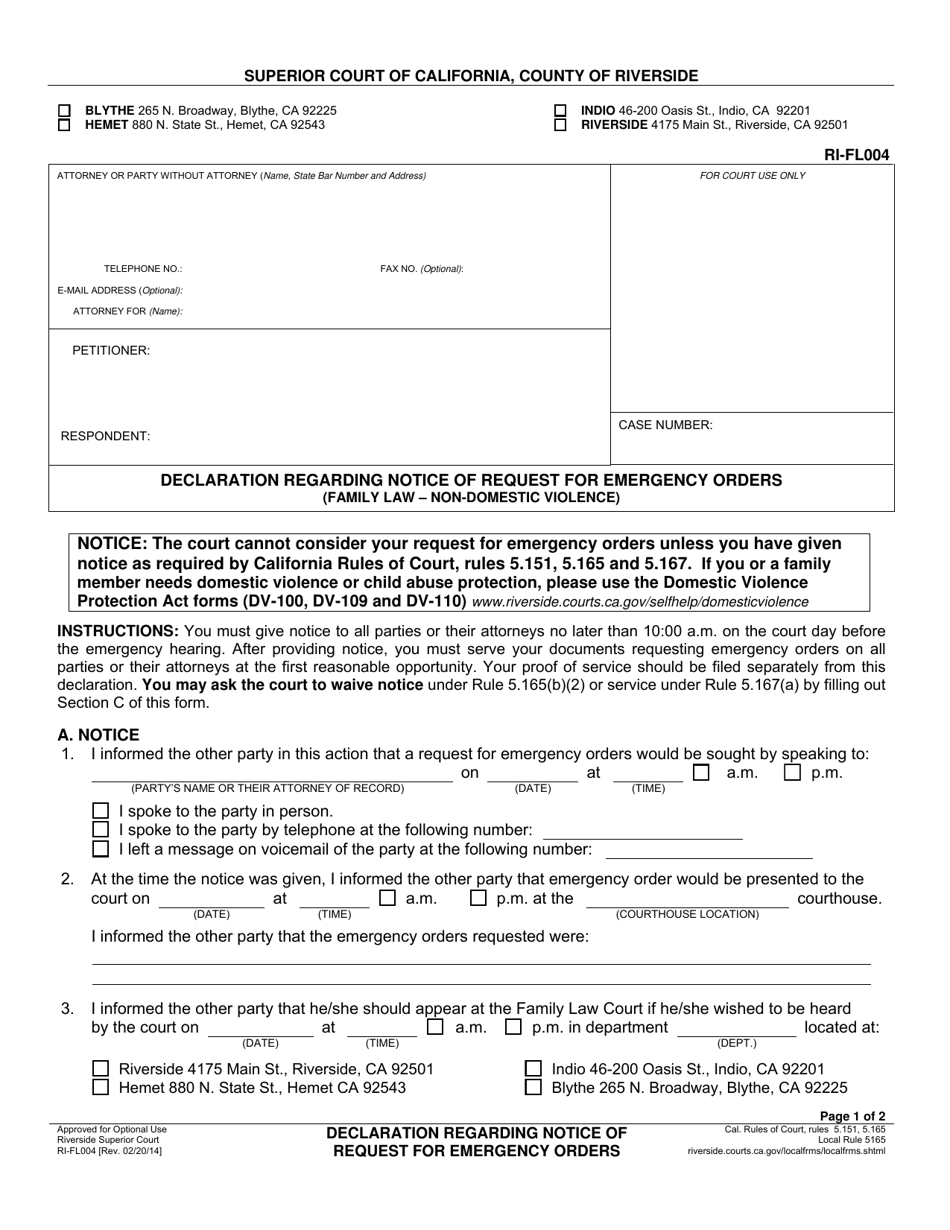 Form RI-FL004 Declaration Regarding Notice of Request for Emergency Orders - County of Riverside, California, Page 1