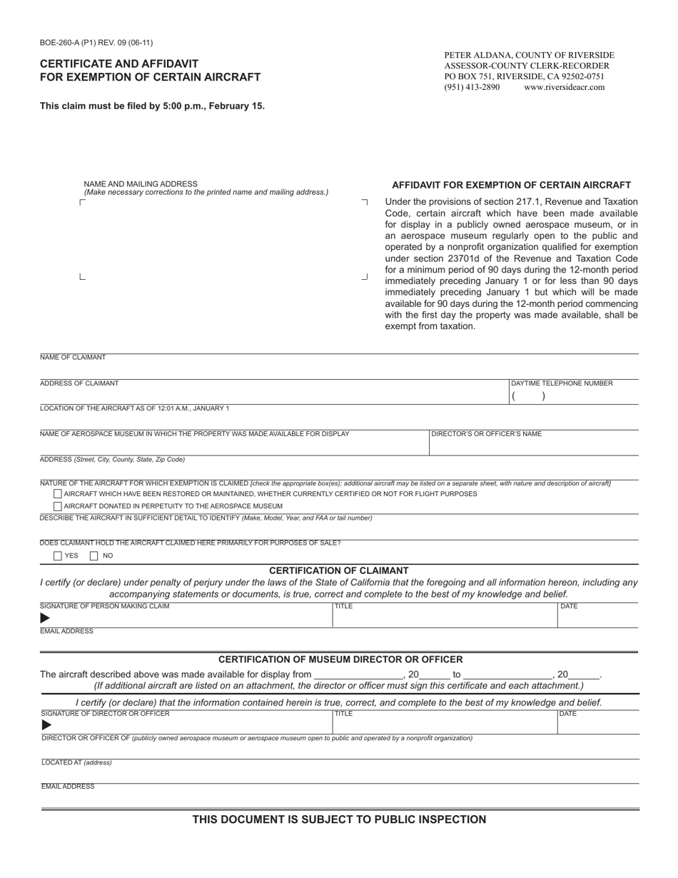 Form BOE-260-A Certificate and Affidavit for Exemption of Certain Aircraft - County of Riverside, California, Page 1